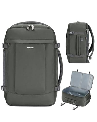ECOHUB Travel Backpack for Men Women, Carry on Backpack with USB Charging Hole, Spirit Airlines Personal Item Bag Flight Approved, 15.6 Inch Laptop Backpack with Anti Theft Pockets, 30L, Grey Green