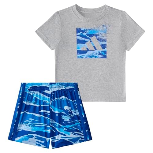 adidas Baby Boys' Short Sleeve Cotton Heather Tee Shirt and AOP Camo Short Set, Medium Grey Heather, 12M