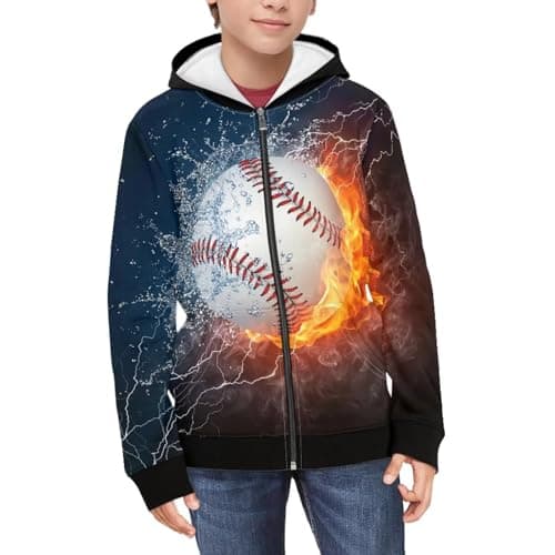 Suobstales Flame Baseball Sweatshirt for Boys Zip Up Hoodies Long Sleeve Sports Jacket with Pocket Kids Athletic Hoodie Trendy Clothes Fall Outerwear Top Size 6 7