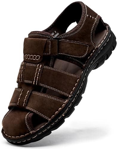 Jousen Men's Sandals Leather Closed Toe Beach Sandal Outdoor Summer Sport Hiking Sandals with Arch Support (AMY663 Dark Brown 11)