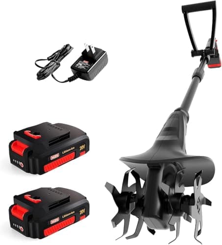 MZK 20V Cordless Tiller Cultivator with Steel Tines,8-inch Wide Battery Powered Garden Cultivator, 360RPM Electric Mini Tiller for Lawn/Gardening/Soil Cultivation(2 * 2AH Battery&Charger Included)