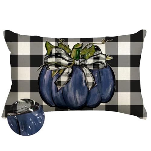 RABUSOFA Fall Outdoor Pillow Covers 12x20 Inch Waterproof,Blue Pumpkin Buffalo Plaid Bow Autumn Decor Thanksgiving Farmhouse Cushion Case Decoration for Home Sofa Couch Patio(25021B-12)