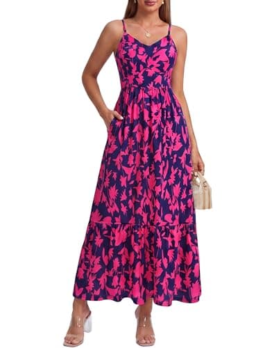 Zattcas Long Casual Summer Dresses for Women 2026 Vacation Resort Wear Floral Sun Dress V Neck Sleeveless Empire Waist Easter Flower Maternity Dress for Photoshoot Navy Blue Pink L