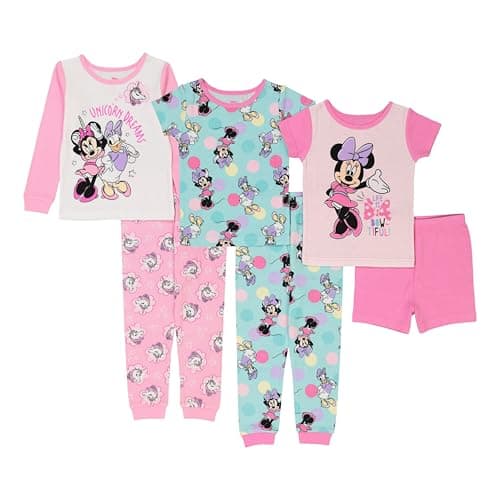 Disney Girls' Minnie Mouse 6-Piece Snug-Fit Cotton Pajamas Set, Comfortable Nightwear, Soft & Cute for Kids, UNICORN DREAMS, 2T