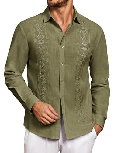 Makkrom Men's Casual Cotton Linen Button Down Shirts Cuban Guayabera Shirt Long Sleeve Summer Beach Tops Army Green