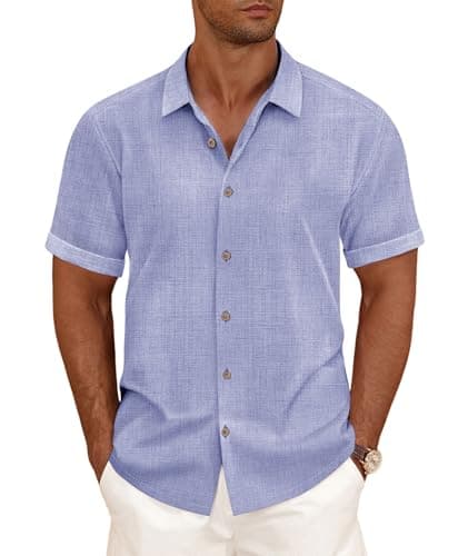 CURBODO Linen Blend Shirts for Men Casual Short Sleeve Button Down Shirt Cool Summer Beach Wedding Vacation Tops Denim Blue S