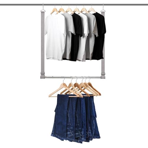 STORAGEIDEAS Hanging Closet Rod, 17-28In Width and Up to 32In Height Closet Extender, Double Hanging Bar with Powder-Coated Metal Pole and Adjustable Webbing, Space-Saving Tension Organizer, 1 Pack