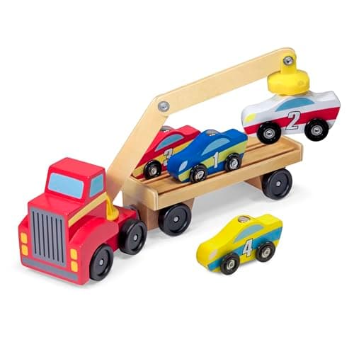 Melissa & Doug Magnetic Car Loader Wooden Toy Set with 4 Cars and Toy Truck - Pretend Play and Race Car Fun for Preschool Toys, Ages 3+