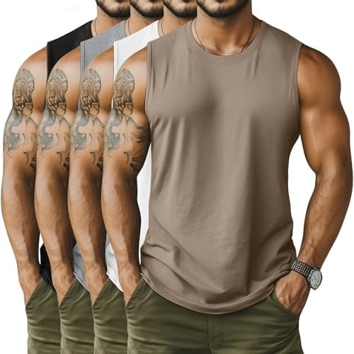 Neer 4 Pack Men's Big & Tall Tank Tops, Sleeveless Cotton Crew Neck T Shirts Casual Classic Shirts Muscle Quick Dry Tees(Black, White, Khaki, Light Gray,3X-Large)