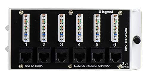 Legrand - OnQ Home Theater Patch Panel, 6 Port Interface Module, Cat 6A Network Patch Panel for Wired Ethernet Connection, Black, AC106A6