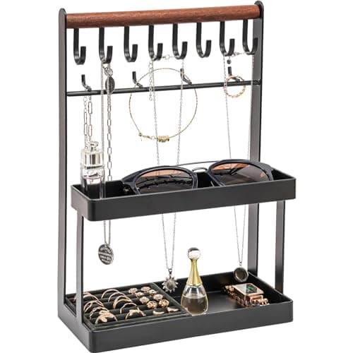 Lolalet 4-Tier Jewelry Organizer Stand with 12 Hooks, Necklace Bracelet Ring & Sunglasses Holder, Cute Metal Jewelry Storage Rack for Vanity, Dresser or Entryway, No Assembly -Black