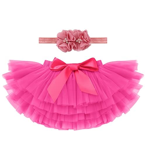 Baby Girls Tutu Skirt with Diaper Cover Toddler Girl Tulle Bloomers Tutu Skirt Sets with Flower Headband Infant Tutu for Baby Girl 1st Birthday Cake Smash Outfit for Photo Prop Hot Pink 0-6 Months