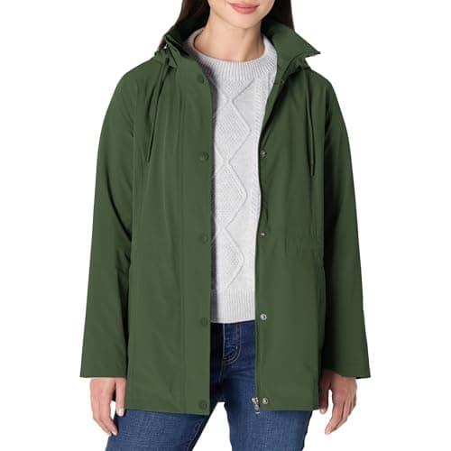 Amazon Essentials Women's Relaxed-Fit Lightweight Waterproof Long Hooded Rain Jacket, Dark Green, Large