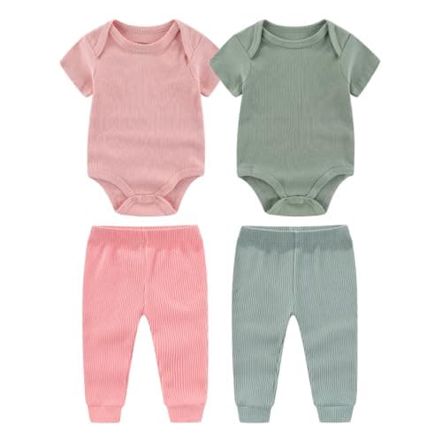 Newborn Baby Layette Set 4-Piece with Bodysuits and Pants Set for Unisex Baby Gift Sets