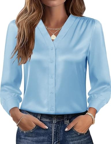Rapbin Satin Silk Button Down Shirts Dressy Casual V Neck Long Sleeve Tops Elegant Fall Office Work Attire (Light Blue, S)
