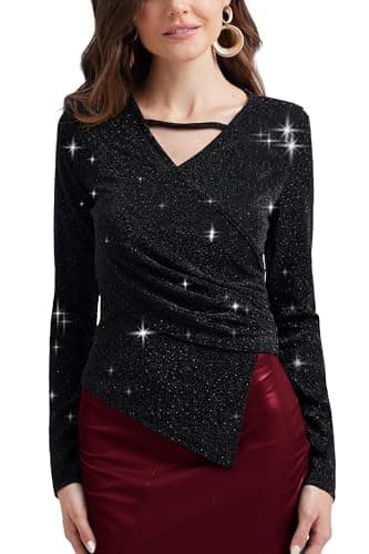 PEIQI Sparkly Tops for Women Going Out Long Sleeve Sparkly Party Blouse V-Neck Dressy Tops for Evening Party Balck XX-Large Black