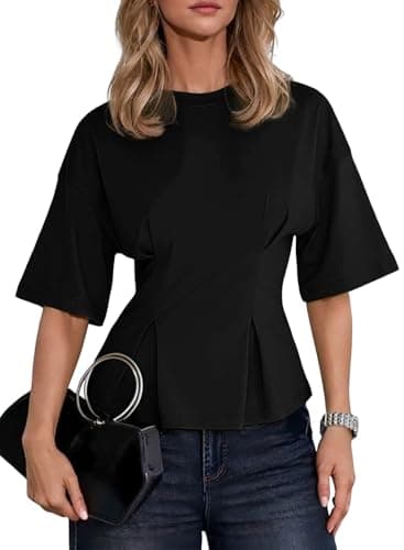 Dokotoo Short Sleeve Tshirts Shirts for Women Pleated Cinched Waist Cute Going Out Crop Tops Spring Summer Teens Basic Tees Black Large