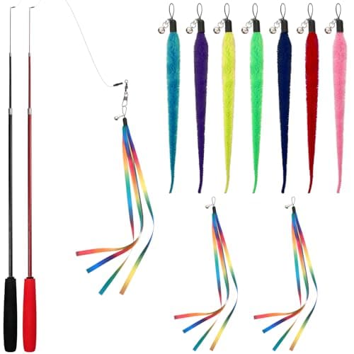 Trinkrittey 11PCS Cat Worm Toy, Interactive Fuzzy Worms with Retractable Wands (38" and 50") Cat Stick Toy with Feather Toys and Teasers Fishing Pole Cats Toys for Exercise, Playtime and Chase