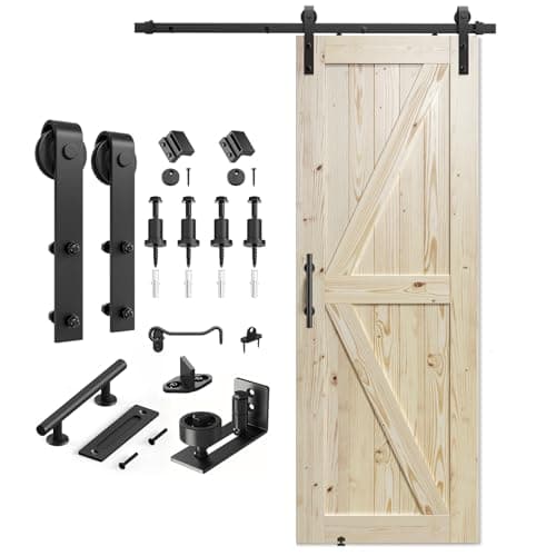 SMARTSTANDARD 30in x 80in Sliding Barn Door with 5ft Barn Door Hardware Kit Included, Unfinished Solid Spruce Wood Door, Assembly Required, DIY, Stainable, Natural
