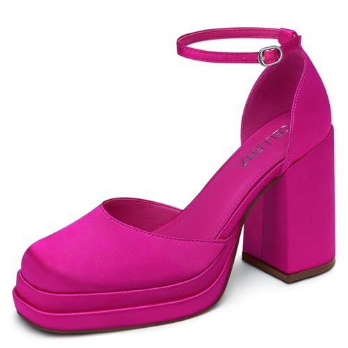 CELLENZ Women Chunky High Heels: Pink Platform Dressy Pumps Size 8.5