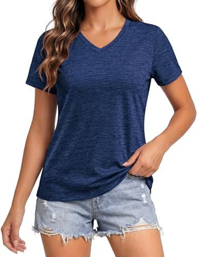 MAGCOMSEN Women's V Neck T Shirts UPF 50+ Sun Protection V Neck Tops Moisture Wicking Training Shirts, Dark Blue M