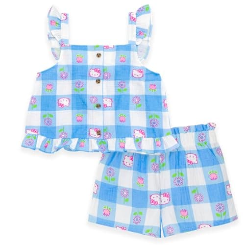 Hello Kitty Toddler Girls Square Neck Tank Top and Shorts Outfit Set Gingham Blue/Beige 4T