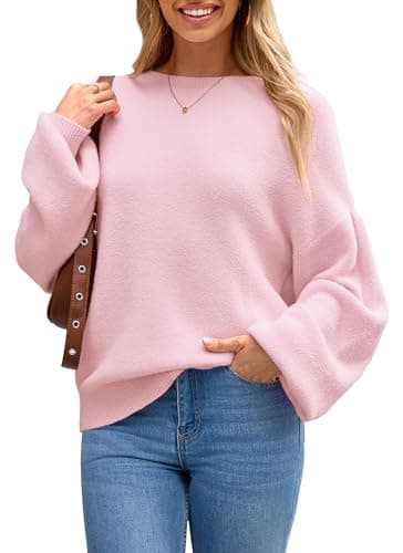 Arach&Cloz Women Fall Winter Fashion Wool Blend Oversized Fuzzy Sweater 2025 Long Puff Sleeve Casual Pullover Tops Trendy Loose Fit Outfits Pink L