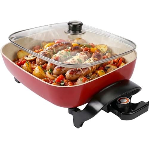 I-Keukenn 15'' Ceramic Nonstick Electric Skillet with Tempered Vented Glass Lid,Thermostat Control to Prevent Overheating,Removable Easy-to-Clean,Vibrant Red