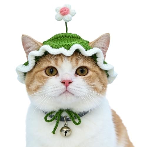 floofelove Flower Cat Hat, Cotton & Soft Cute Knitted Hats for Cats Birthday Party Spring Puppy Hat for Small Pets (Green,M)