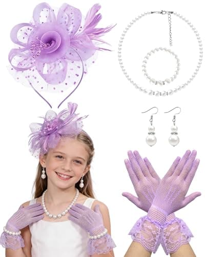 Bniksok Lavender Purple Fascinator Hat for Girls Tea Pary Hats and Lace Gloves 1920s 50s Accessories Victoria Church Wedding