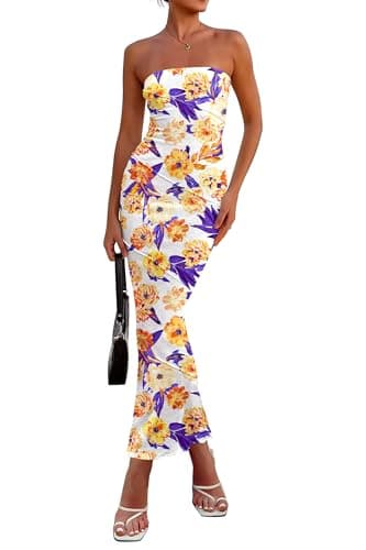 PRETTYGARDEN Women's 2026 Summer Floral Bodycon Maxi Dresses Ribbed Strapless Tube Casual Boho Party Long Dress (Floral White Yellow,X-Large)