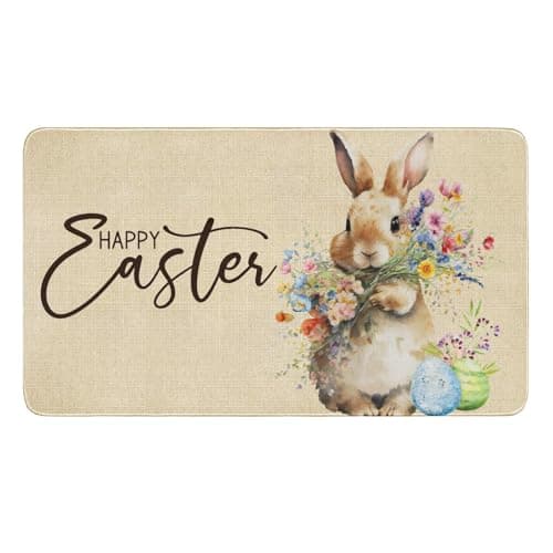 Jztfrie Easter Doormat Spring Bunny Floral Door Mat Happy Easter Indoor Outdoor Entrance Floor Mats Spring Kitchen Home Decor Rugs Non-Slip Rubber Mats 30" X 17"