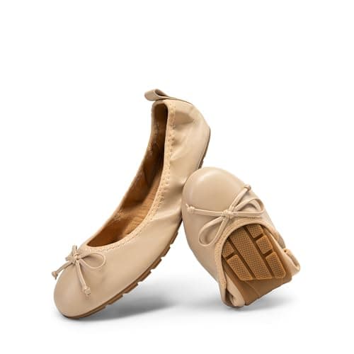 DREAM PAIRS Women's Flats, Foldable Ballet Flats for Women, Bowknot Round Toe Comfort Light Weight Slip-On Dress Shoes Nude Size 6.5 SDFA2409W