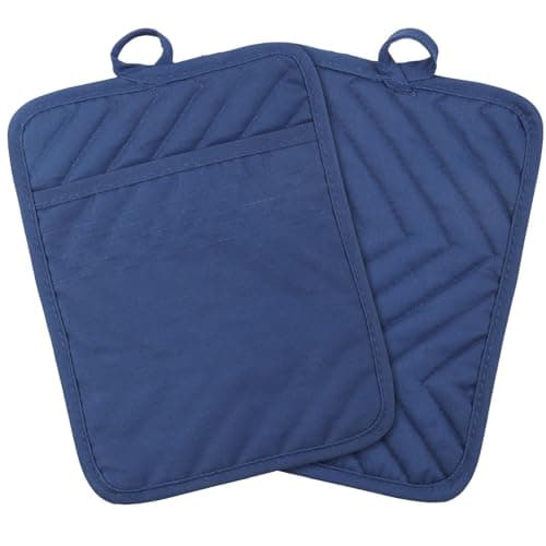 GeeRic Pocket Cotton Pot Holders, 2 Pack Heat-Resistant Quilted Hot Pads with Hand Pockets, Soft and Durable Kitchen Potholders for Cooking, Baking, and Grilling Blue