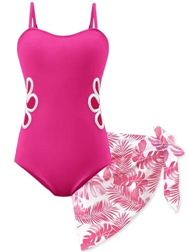 AMAWMW Girls Swimsuit Cut Out One Piece Bathing Suit with Tropical Print Cover Up Skirt Adjustable Straps Girls' Swimwear Hot Pink