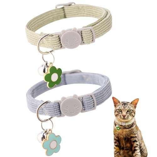 TENICER 2 Pack Cat Collar with Bells, Corduroy Adjustable Kitten Collars with Breakaway Safety Buckle for Boy Girl Cats-Green Blue