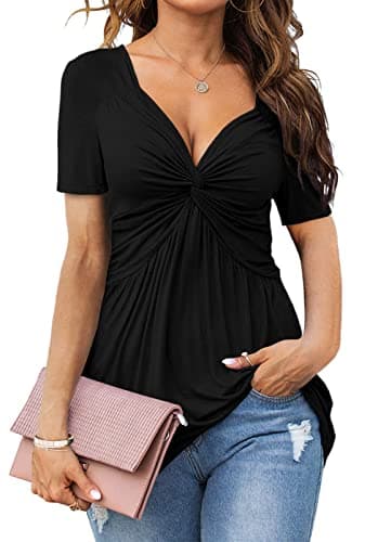 Tankaneo Womens Front Knotted V-Neck Blouse T Shirt Short Sleeve Oversized Tunic Tops Summer Solid Pullover Tees