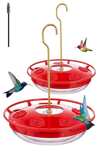 FEED GARDEN Saucer Hummingbird Feeders for Outdoors Hanging, 2 Pack 16oz Leak-Proof Nectar Feeder with Bee Guards Built-in Ant Moat, 5 Feeding Ports, Wide Mouth Easy Refill & Clean, BPA-Free,Red