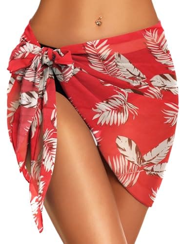Swimsuit Coverups for Women Sarong Beach Bikini Wrap Sheer Short Skirt Chiffon Scarf for Swimwear (Leaf Red,S)