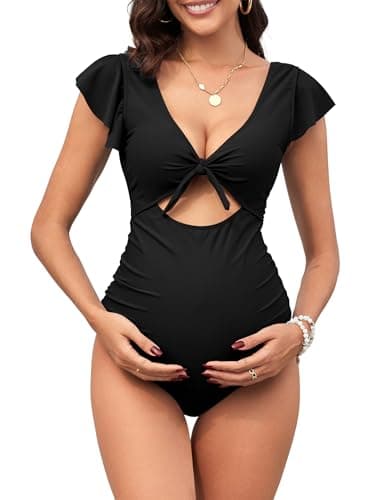 ZAFUL 2025 Maternity One Piece Swimsuit for Women Swim Suits Tie Front Tummy Control Pregnancy Bathing Suits Ruffle Swimsuits Solid Black