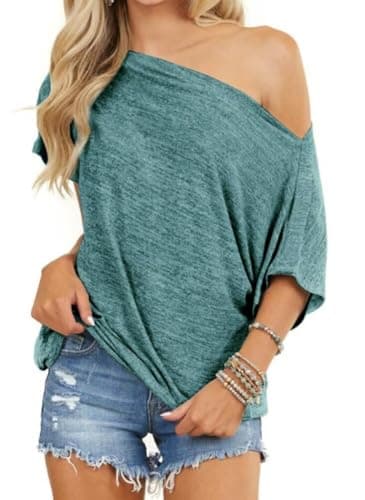 LEEDYA Womens Short Sleeve One Shoulder Tops Summer Loose Fitting T-Shirt Blouse Batwing Sleeves Sexy Tops Green S