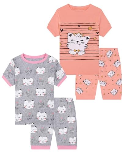 Benaive Girls Pajamas Sets 4 Pieces 100% Cotton Girls Summer Pjs Short Sleeves Kids Sleepwear Size 3T