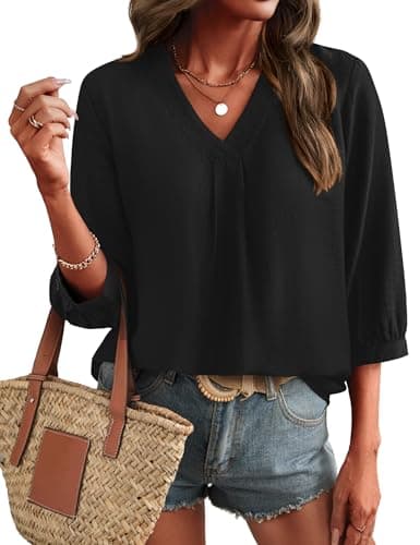 LOMON 3/4 Length Sleeve Boho Fall Fashion Tops Blouses Dressy Casual Shirts for Women Trendy V-Neck Tunic T Shirt Black