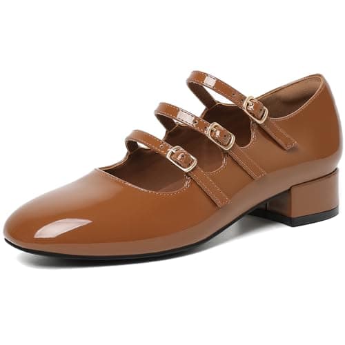 Mostrin Brown Mary Jane Shoes Women Round Toe Dress Shoes for Women Chunky Low Heels Adjustable Buckle Strap Pumps for Work Office Wedding Party Size 9.5