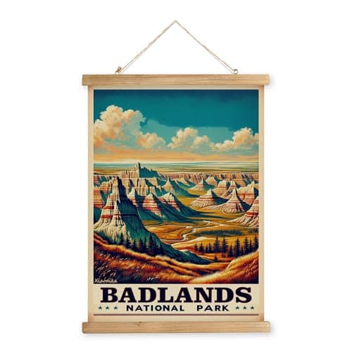 XIAOAIKA Vintage Badlands National Park Travel Poster with Wooden Scroll Frame – Holiday Decoration or Gift for Living Room, Bedroom, Office Wall Decor, Retro Art Print 16 x 23 Inches