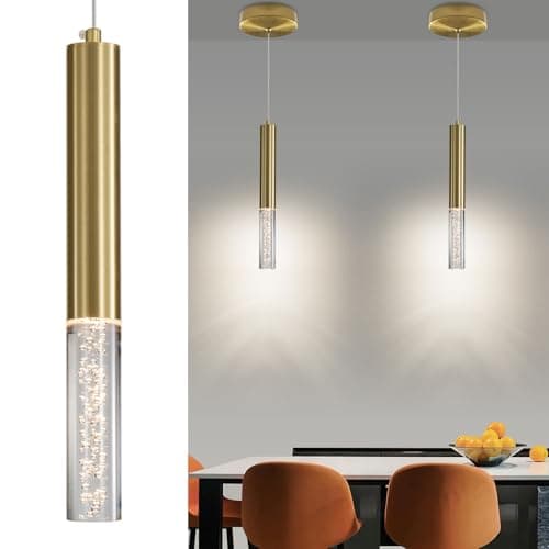 Daoseolo 2 Pack Minimalist Kitchen Island Pendant Lights, Gold Modern Linear Hanging Light Fixture, Bubble Acrylic, Adjustable 3000K/4500K/6500K, LED Ceiling Light for Dining Room, Bedroom, Bathroom