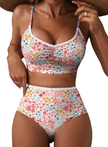 Herseas Women's Ruched Bikini Sets Allover Floral Printed Push Up Adjustable Spaghetti Straps Swimsuits High Waisted Bathing Suits Tummy Control Casual Resort Outfits 2026 Summer XX-Large