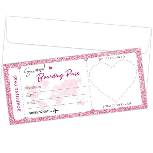 Surprise Trip Reveal Scratch & Reveal Pink Boarding Pass Ticket with Envelopes, 2 Set 3.5"x8"Travel Ticket, Special for Holiday Birthday Valentine's Day Christmas Wedding Gift Card-002/2