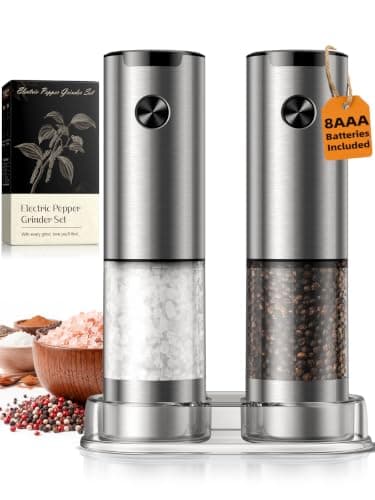 Electric Salt and Pepper Grinder Set, Battery Automatic Salt and Pepper Shaker with Adjustable Coarseness, Large Capacity Pepper Mill with LED Kitchen Appliances(Battery-Stainless Steel)