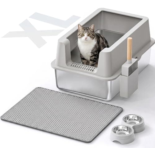 Stainless Steel Cat Litter Box - Enclosed XL Metal Kitty Litter Box with Lid for Big Cats, High Sided, Anti-Leakage, Easy Cleaning, Non-Sticky, Included Litter Mat, Cat Bowl & Spoon
